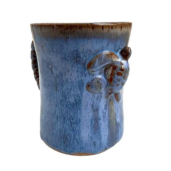 SeaTurtle Stoneware Coffee Mug Blue Drip Glaze Enamel Art Pottery Signed - Picture 1 of 13